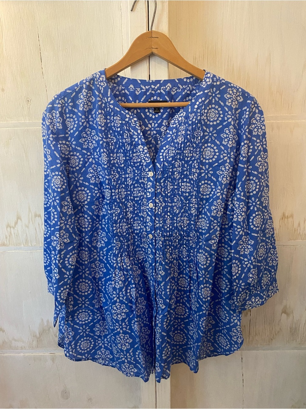 Talbots Blue Printed Pintuck Button-Front Tunic